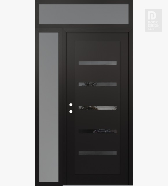 Modern Steel Front Door Diamond C7 50" x 96" black/black mirrored Glass Panel black RHI with Sidelite and Transom frosted Glass