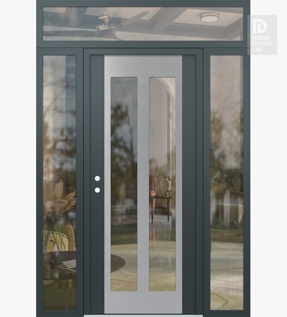 Modern Steel Front Door Diamond C14 60" x 96" anthracite/anthracite clear Glass Panel stainless steel RHI with 2 Sidelites and Transom clear Glass