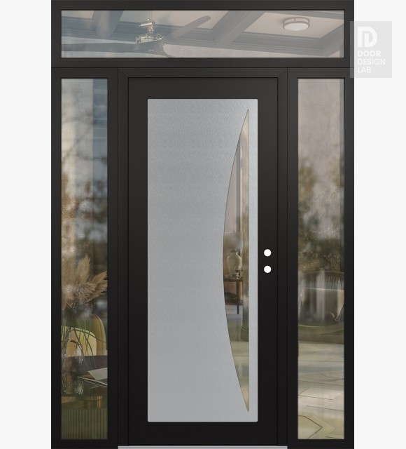 Modern Steel Front Door Diamond C13 68" x 96" black/black clear Glass Panel stainless steel LHI with 2 Sidelites and Transom clear Glass