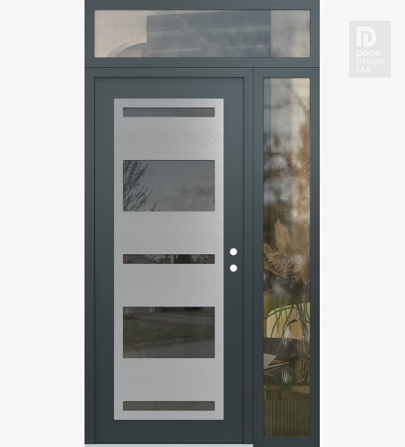 Modern Steel Front Door Diamond C10 48" x 96" anthracite/anthracite mirrored Glass Panel stainless steel LHI with Sidelite and Transom clear Glass