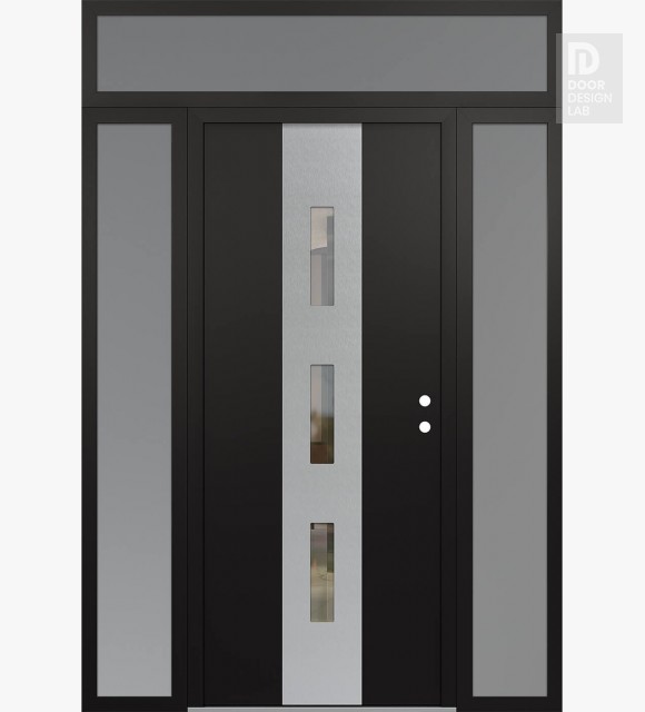 Modern Steel Front Door DIAMOND A7 60" X 96" BLACK/BLACK CLEAR GLASS PANEL STAINLESS STEEL LHI WITH 2 SIDELITES AND TRANSOM FROSTED GLASS