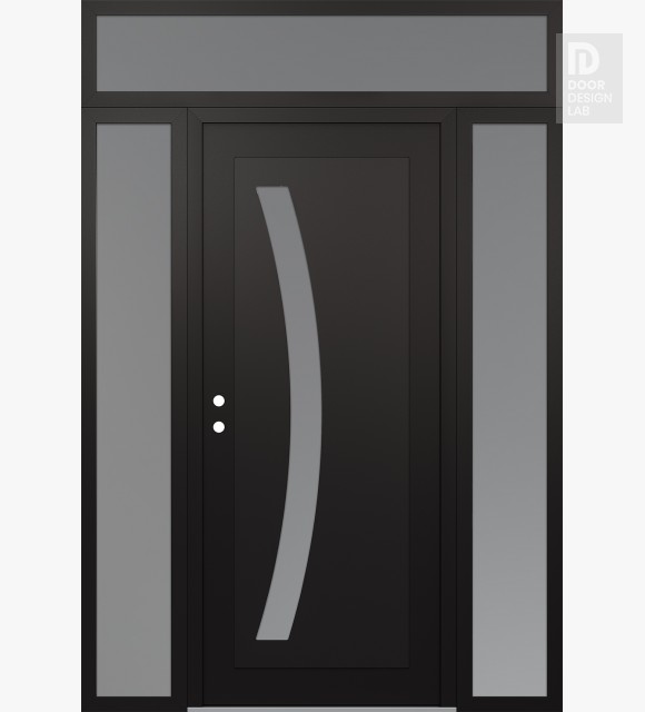 Modern Steel Front Door Diamond C4 68" x 96" black/white frosted Glass Panel black RHI with 2 Sidelites and Transom frosted Glass
