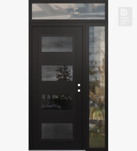 Modern Steel Front Door Diamond C2 52" x 96" black/black mirrored Glass Panel black LHI with Sidelite and Transom clear Glass