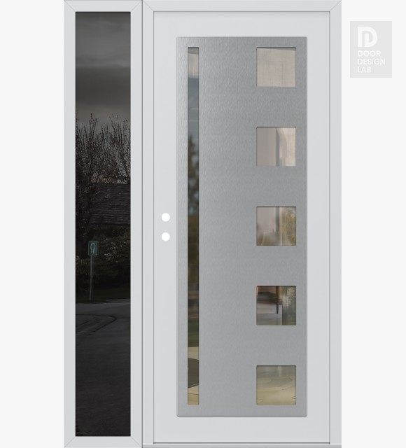 Modern Steel Front Door Diamond C3 48" x 80" white/white clear Glass Panel stainless steel RHI with Sidelite mirrored Glass