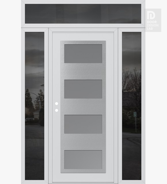 Modern Steel Front Door Diamond C2 60" x 96" white/white frosted Glass Panel stainless steel RHI with 2 Sidelites and Transom mirrored Glass