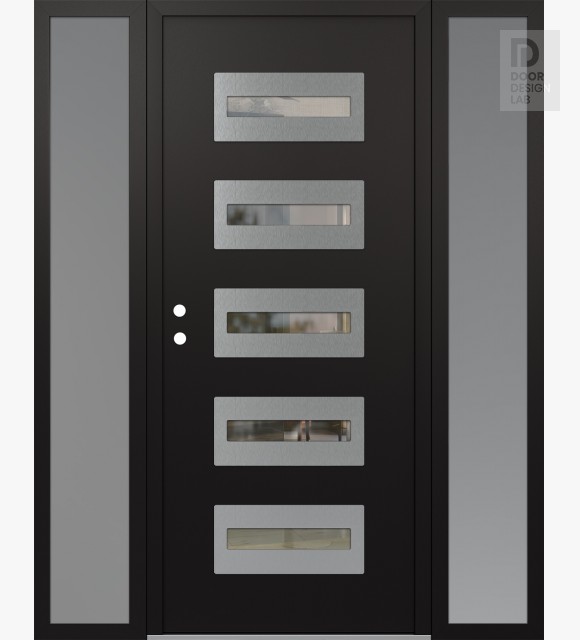 Modern Steel Front Door Diamond D4 64" x 80" black/black clear Glass Panel stainless steel RHI with 2 Sidelites frosted Glass