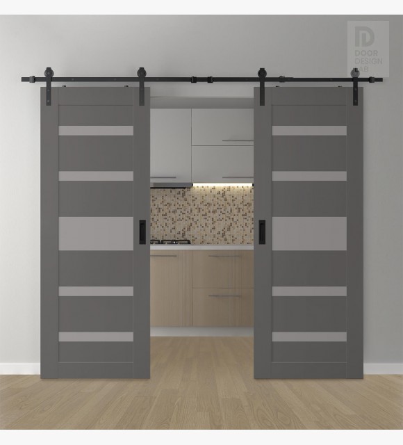 DOUBLE BARN DOOR AVON 07-05 VETRO GRAY MATTE 72" X 96" X 1 3/4" BLACK HARDWARE