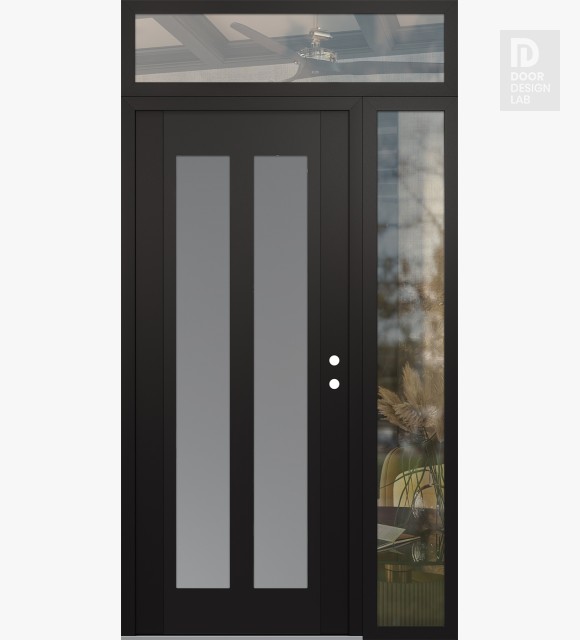Modern Steel Front Door Diamond C14 48" x 96" black/white frosted Glass Panel black LHI with Sidelite and Transom clear Glass