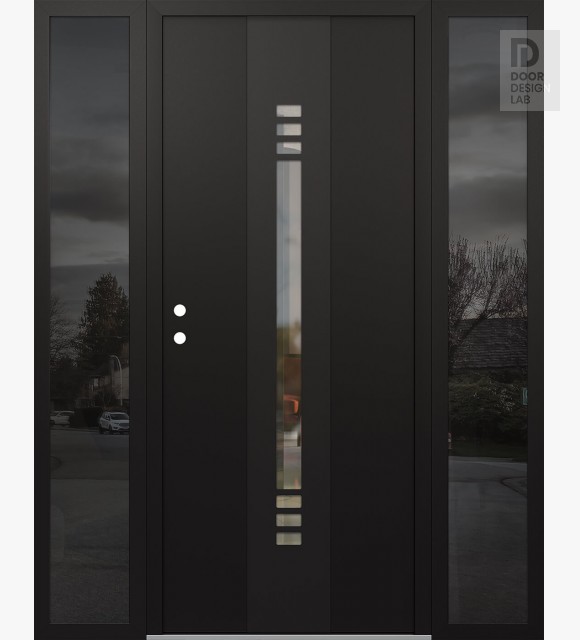 Modern Steel Front Door DIAMOND A5 64" X 80" BLACK/BLACK CLEAR GLASS PANEL BLACK RHI WITH 2 SIDELITES MIRRORED GLASS