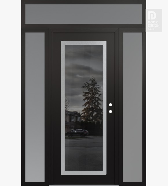 Modern Steel Front Door Diamond C1 64" x 96" black/black mirrored Glass Panel stainless steel LHI with 2 Sidelites and Transom frosted Glass