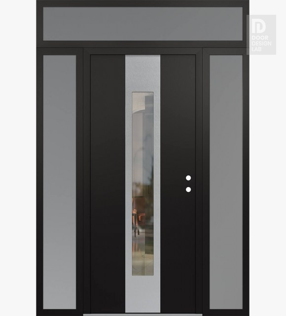 Modern Steel Front Door DIAMOND A1 64" X 96" BLACK/BLACK CLEAR GLASS PANEL STAINLESS STEEL LHI WITH 2 SIDELITES AND TRANSOM FROSTED GLASS