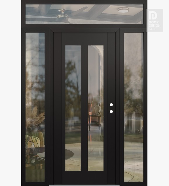 Modern Steel Front Door Diamond C14 60" x 96" black/black clear Glass Panel black LHI with 2 Sidelites and Transom clear Glass