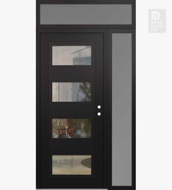 Modern Steel Front Door Diamond C2 50" x 96" black/black clear Glass Panel black LHI with Sidelite and Transom frosted Glass