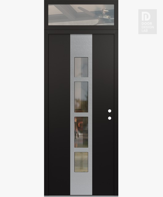 Modern Steel Front Door DIAMOND A10 36" X 96" BLACK/BLACK CLEAR GLASS PANEL STAINLESS STEEL LHI WITH TRANSOM CLEAR GLASS