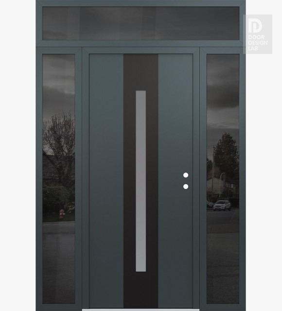Modern Steel Front Door DIAMOND A2 64" X 96" ANTHRACITE/ANTHRACITE FROSTED GLASS PANEL BLACK LHI WITH 2 SIDELITES AND TRANSOM MIRRORED GLASS