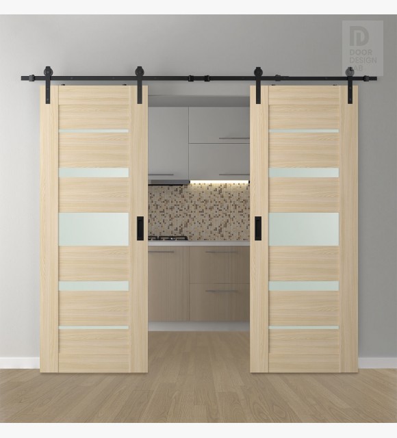 DOUBLE BARN DOOR AVON 07-03 VETRO LOIRE ASH 48" X 80" X 1 3/4" BLACK HARDWARE