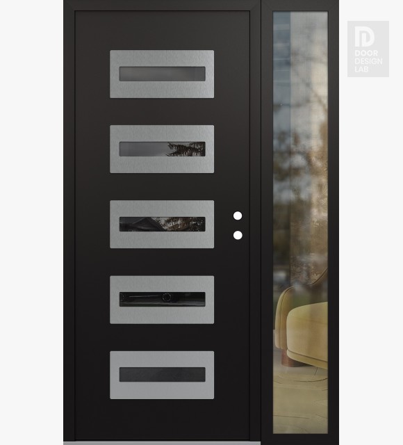 Modern Steel Front Door Diamond D4 50" x 80" black/black mirrored Glass Panel stainless steel LHI with Sidelite clear Glass