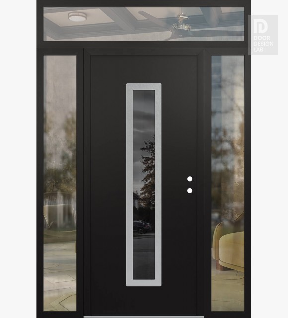 Modern Steel Front Door DIAMOND A11 64" X 96" BLACK/BLACK MIRRORED GLASS PANEL STAINLESS STEEL LHI WITH 2 SIDELITES AND TRANSOM CLEAR GLASS