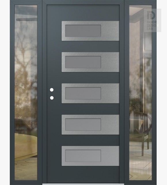 Modern Steel Front Door Diamond D3 64" x 80" anthracite/anthracite frosted Glass Panel stainless steel RHI with 2 Sidelites clear Glass