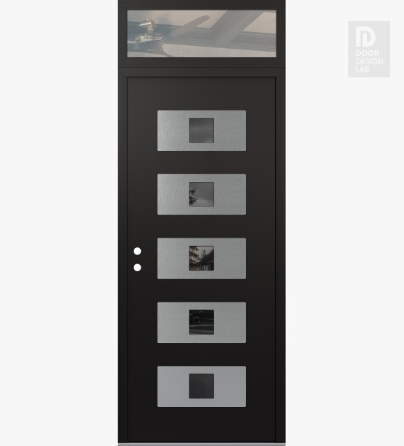 Modern Steel Front Door Diamond D8 36" x 96" black/black mirrored Glass Panel stainless steel RHI with Transom clear Glass
