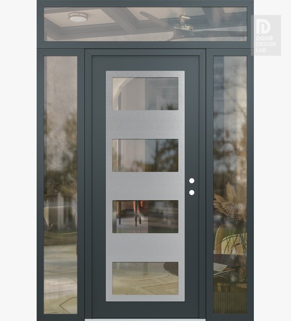 Modern Steel Front Door Diamond C2 64" x 96" anthracite/anthracite clear Glass Panel stainless steel LHI with 2 Sidelites and Transom clear Glass