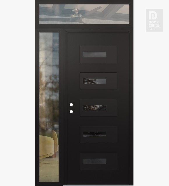 Modern Steel Front Door Diamond D6 48" x 96" black/black mirrored Glass Panel black RHI with Sidelite and Transom clear Glass