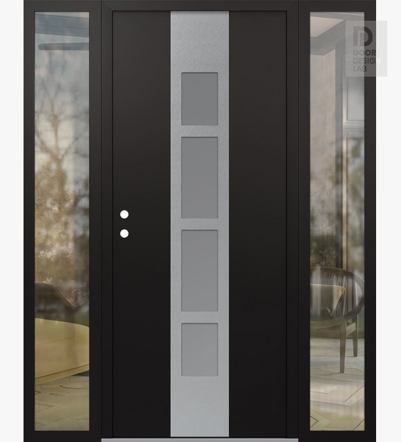 Modern Steel Front Door DIAMOND A10 60" X 80" BLACK/WHITE FROSTED GLASS PANEL STAINLESS STEEL RHI WITH 2 SIDELITES CLEAR GLASS