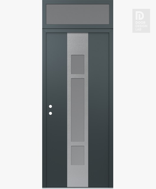 Modern Steel Front Door DIAMOND A9 36" X 96" ANTHRACITE/ANTHRACITE FROSTED GLASS PANEL STAINLESS STEEL RHI WITH TRANSOM FROSTED GLASS