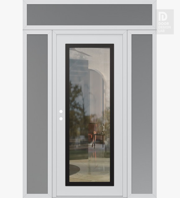 Modern Steel Front Door Diamond C1 64" x 96" white/white clear Glass Panel black RHI with 2 Sidelites and Transom frosted Glass