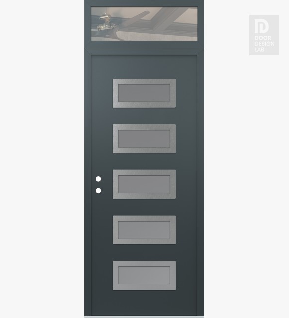 Modern Steel Front Door Diamond D1 36" x 96" anthracite/anthracite frosted Glass Panel stainless steel RHI with Transom clear Glass