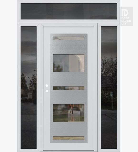 Modern Steel Front Door Diamond C10 64" x 96" white/white clear Glass Panel stainless steel RHI with 2 Sidelites and Transom mirrored Glass