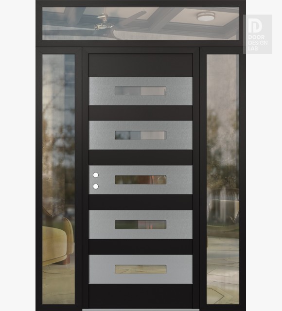 Modern Steel Front Door Diamond D9 60" x 96" black/black clear Glass Panel stainless steel RHI with 2 Sidelites and Transom clear Glass