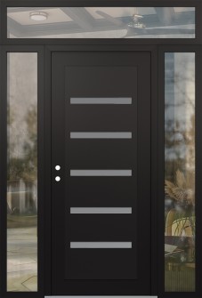 Diamond C7 64" x 96" black/white frosted Glass Panel black RHI with 2 Sidelites and Transom clear Glass