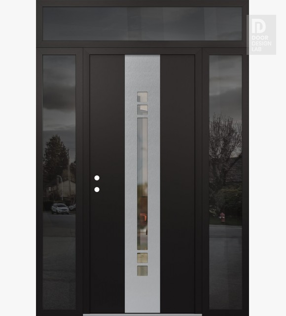 Modern Steel Front Door DIAMOND A4 68" X 96" BLACK/BLACK CLEAR GLASS PANEL STAINLESS STEEL RHI WITH 2 SIDELITES AND TRANSOM MIRRORED GLASS