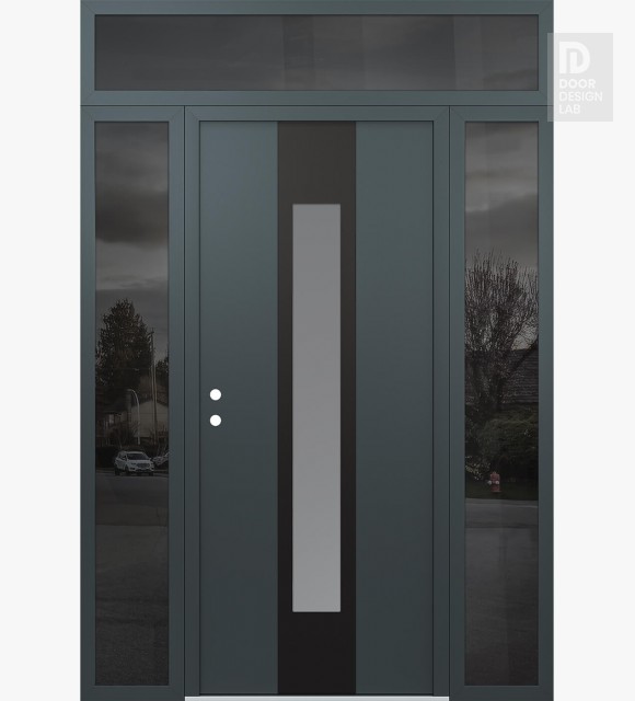 Modern Steel Front Door DIAMOND A1 68" X 96" ANTHRACITE/ANTHRACITE FROSTED GLASS PANEL BLACK RHI WITH 2 SIDELITES AND TRANSOM MIRRORED GLASS