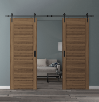DOUBLE BARN DOOR LOUVER PECAN NUTWOOD 36" X 80" X 1 3/4" BLACK HARDWARE