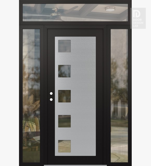 Modern Steel Front Door Diamond C5 64" x 96" black/black clear Glass Panel stainless steel RHI with 2 Sidelites and Transom clear Glass