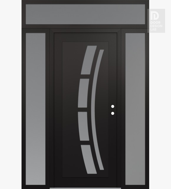 Modern Steel Front Door Diamond C12 68" x 96" black/white frosted Glass Panel black LHI with 2 Sidelites and Transom frosted Glass