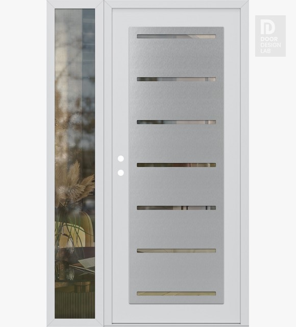 Modern Steel Front Door Diamond C11 52" x 80" white/white clear Glass Panel stainless steel RHI with Sidelite clear Glass