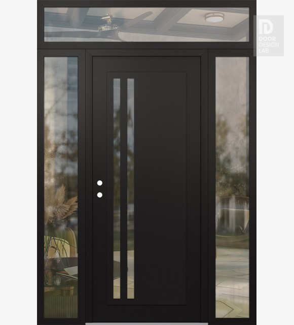 Modern Steel Front Door Diamond C6 64" x 96" black/black clear Glass Panel black RHI with 2 Sidelites and Transom clear Glass