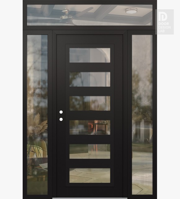 Modern Steel Front Door Diamond C9 68" x 96" black/black clear Glass Panel black RHI with 2 Sidelites and Transom clear Glass