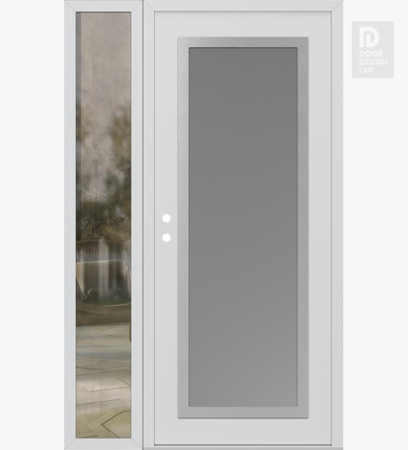 Modern Steel Front Door Diamond C1 48" x 80" white/white frosted Glass Panel stainless steel RHI with Sidelite clear Glass