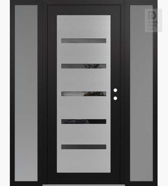 Modern Steel Front Door Diamond C7 60" x 80" black/black mirrored Glass Panel stainless steel LHI with 2 Sidelites frosted Glass