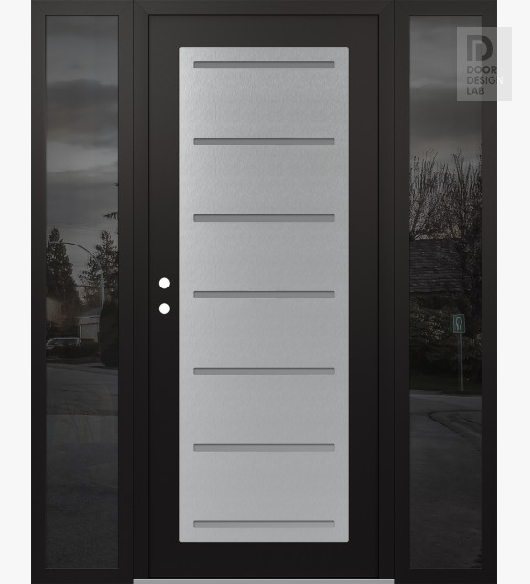 Modern Steel Front Door Diamond C11 64" x 80" black/white frosted Glass Panel stainless steel RHI with 2 Sidelites mirrored Glass