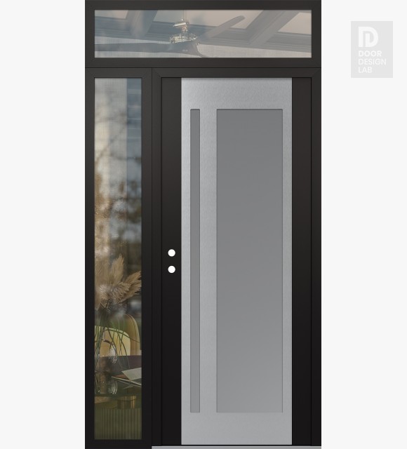 Modern Steel Front Door Diamond C15 50" x 96" black/white frosted Glass Panel stainless steel RHI with Sidelite and Transom clear Glass