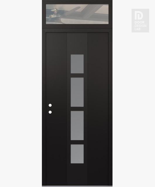 Modern Steel Front Door DIAMOND A10 36" X 96" BLACK/WHITE FROSTED GLASS PANEL BLACK RHI WITH TRANSOM CLEAR GLASS
