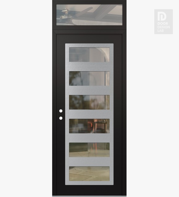 Modern Steel Front Door Diamond C9 36" x 96" black/black clear Glass Panel stainless steel RHI with Transom clear Glass
