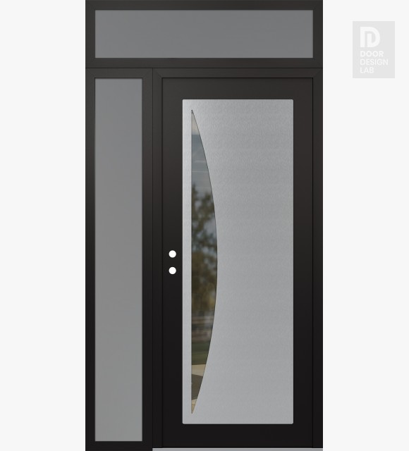 Modern Steel Front Door Diamond C13 52" x 96" black/black clear Glass Panel stainless steel RHI with Sidelite and Transom frosted Glass