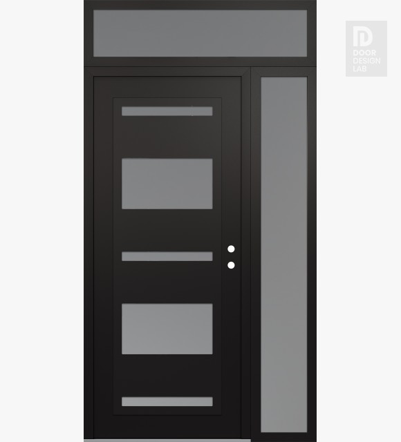 Modern Steel Front Door Diamond C10 52" x 96" black/white frosted Glass Panel black LHI with Sidelite and Transom frosted Glass
