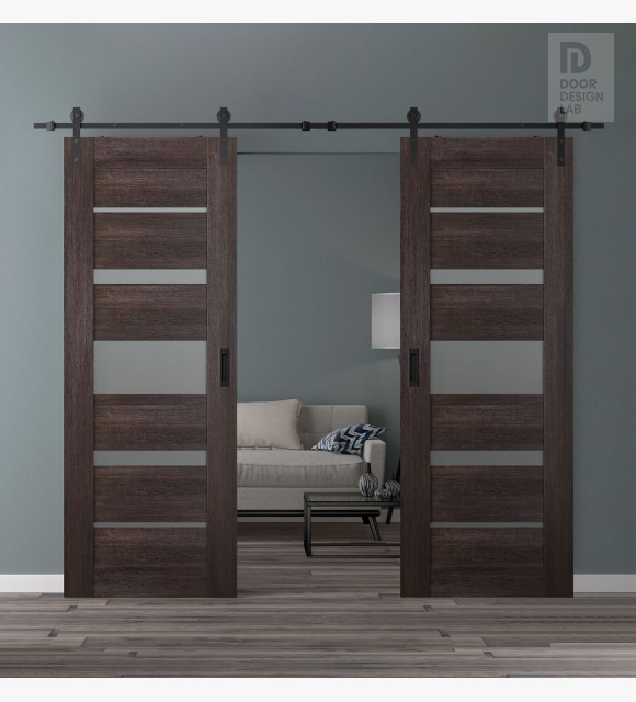 DOUBLE BARN DOOR AVON 07-03 VETRO VERALINGA OAK 64" X 80" X 1 3/4" BLACK HARDWARE